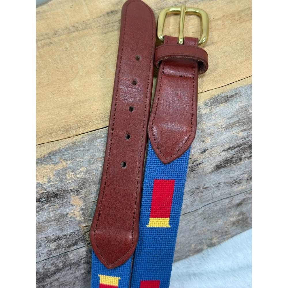 Asher Riley Mens Needlepoint Belt 40 Blue Leather Shotgun Shells Brass Buckle - Picture 4 of 7
